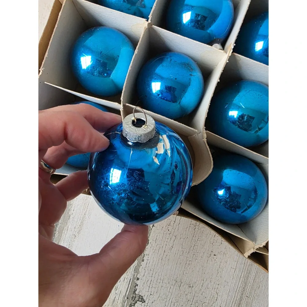 Vintage Frankie blue solid glass ornament set box Xmas tree